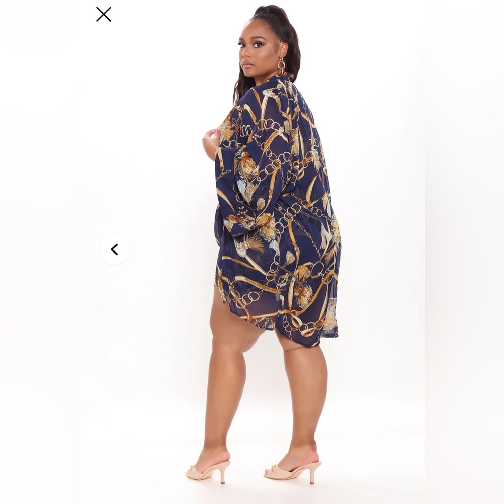 Fashion Nova Blue and Gold Chain Print Kimono